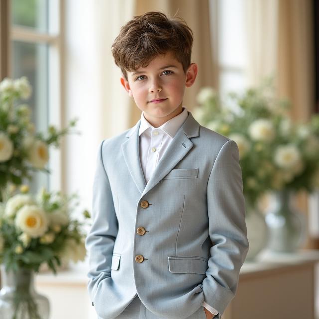 Niño con un elegante traje de lino para una ceremonia.