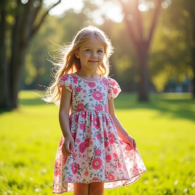 Niña con un vestido estampado de flores en un parque.