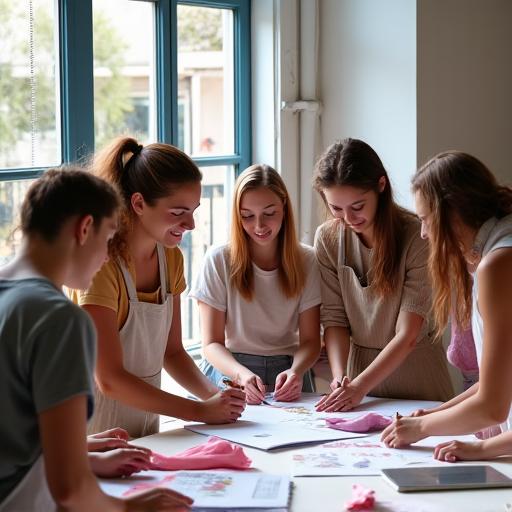 El equipo de diseño de Pequeñines Moda Infantil colaborando en su taller de Madrid.