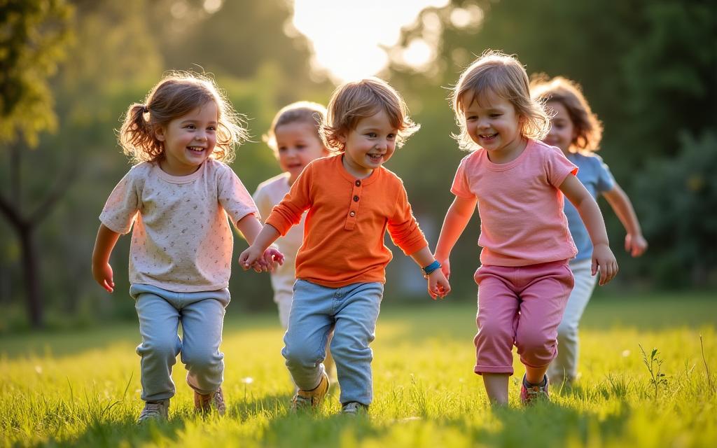 Niños felices jugando al aire libre con ropa cómoda y colorida de Pequeñines Moda Infantil.