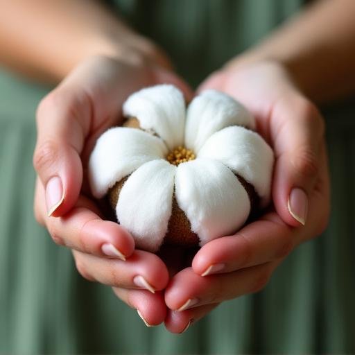 Manos sosteniendo una flor de algodón orgánico.