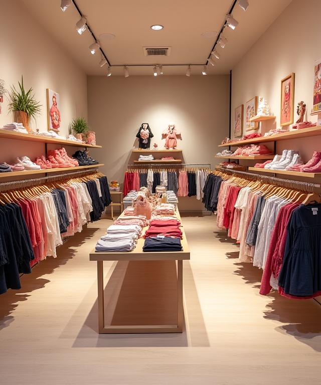 Interior de una boutique infantil con ropa de Pequeñines Moda Infantil expuesta.